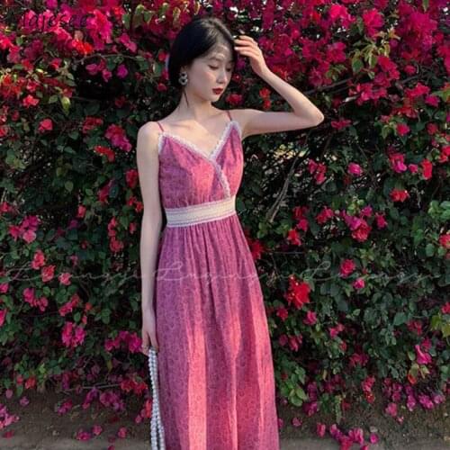 Dress Women Floral Romantic Elegant Spaghetti Strap Vintage Mid-calf Lace Empire Fashion Ladies Sweet French Style Summer Party
