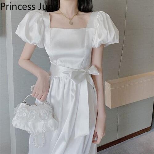 Women Fashion Summer Holiday Long White Dress French Puff Sleeve Retro Square Collar Sash Bow Dress Slim High Waist A Line Dress