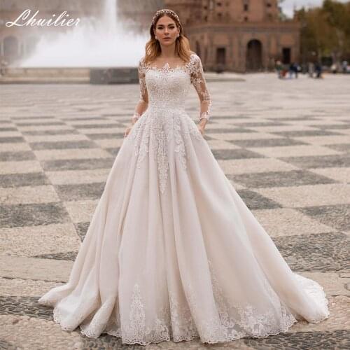 Lhuilier A-line Scoop Neck Beaded Wedding Dresses 2020 Lace Appliques Long Sleeves Court Train Floor Length Bridal Dress