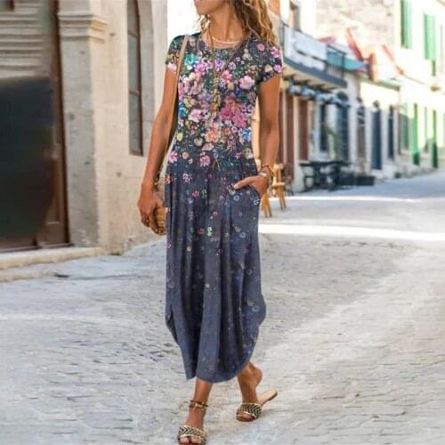 Vintage Dress Women Floral Dresses Short Sleeve Summer Bohemian Long Dress Pocket Lady Casual Loose O-Neck Sundress Vestidos