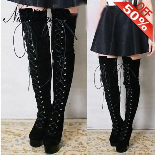 Winter Girl Female Work Shoes Flock Lace Up Thick Over The Knee Boots 6 Inch High Heel Boots Party Shoes 15cm Long Boots Stage