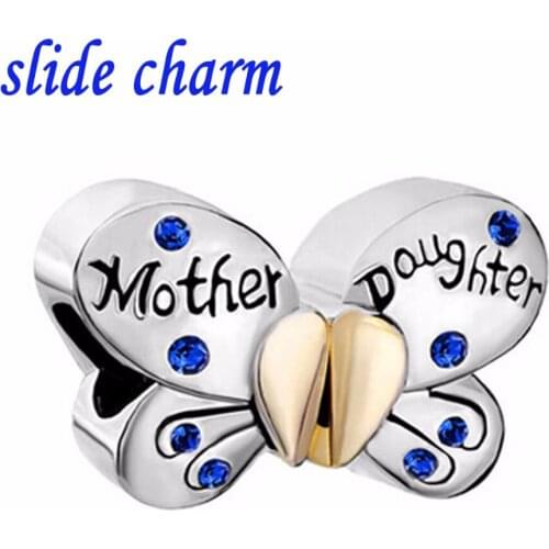 Slide charm Free shipping DIYMother Daughter charms Separable Butterfly Rhinestone Heart Mom Fit Necklace