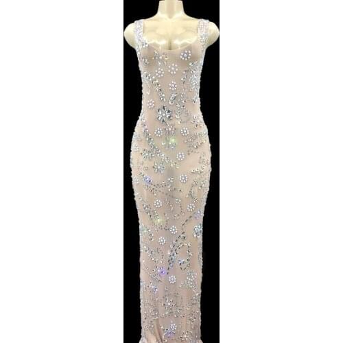 Sparkly Rhinestones Pearls Long Dress Elegant Prom Gown Evening Celebriate Dress Sexy See Through Birthday Club Party Dress