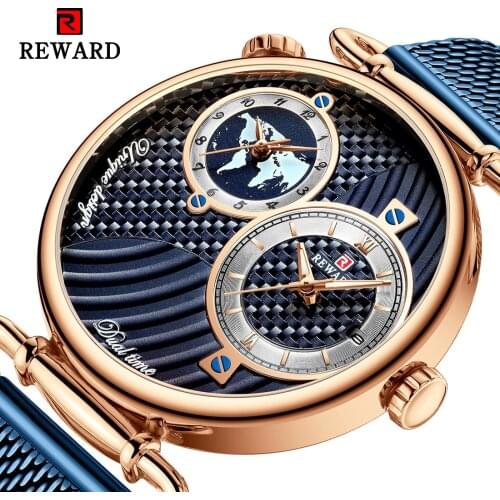REWARD Fashion Rose Gold Quartz Watches for Men Multiple Time Zone Display Dark Blue Mesh Belt Waterproof Business Watches