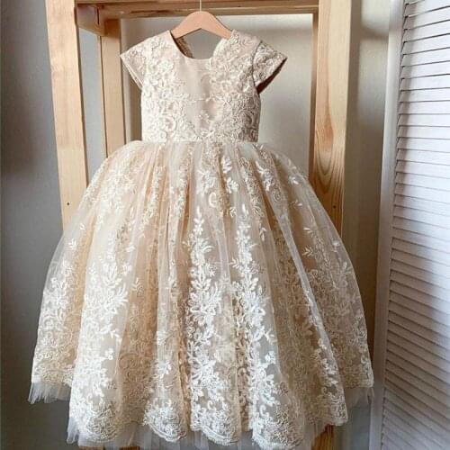 Champagne Long Flower Girls Dresses Jewel Neck Lace Appliques Bow Kids Party Gown Birthday Dress