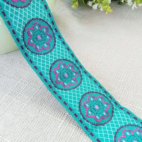 HOT Blue flower ribbon 35MMX10yard Handmade embroidery lace woven Jacquard Ribbon TrimsFor Clothing Straps Belt guitar Accessory