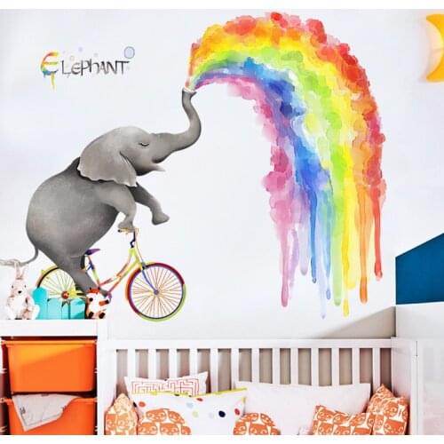 Creative Cartoon Elephant Rainbow Painting Wall Stickers For Kids Room Childrens Room Bedroom Decoration Large Wallpaper