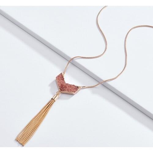 ZWPON Fashion Chevron Quartz Druzy Tassel Pendant Necklace for Women Fashion Long Necklace Female Jewelry Wholesale