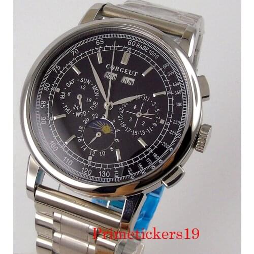 42mm Corgeut Automatic Men Watch Black/White Dial Month Year Date Week Function Stainless Steel Band