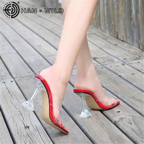 Transparent Heels Mules Shoes Woman Pumps High Heels Sandals 9CM Flip Flops Square Toe Ladies Sandals Party Shoes Slippers