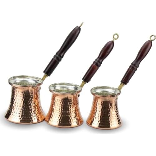 Wooden Handle Triple Copper Coffee Pot Set 3-4-5 Cup Holder Turkish Coffee (584)