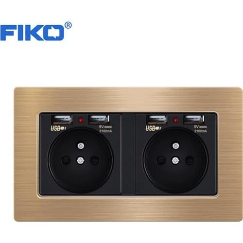 FIKO 2gang 16A French standard with dual USB family , stainless steel panel wall socket with USB 146*86mm double frame socket
