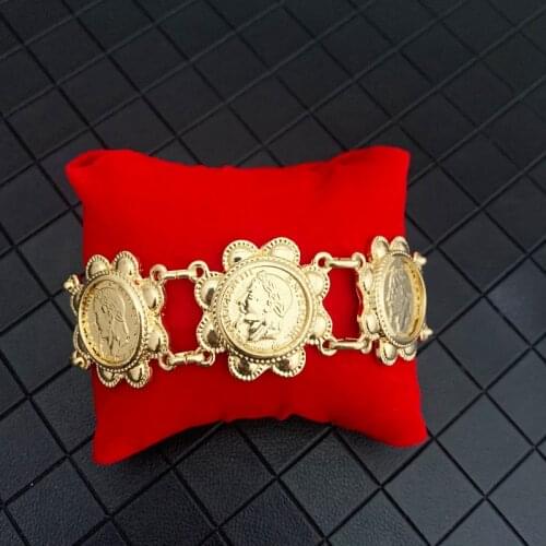 New Arrival French Coin Bracelet Gold Plated Napoleon Figure Commemorative Bangle Bracelet for Women Flower Cuff Bracelets