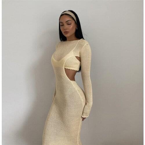 Echoine Autumn Long Sleeve Knitted Midi Dress Strap Strap Crop Top Backless Dresses Party Night Club Outfits Two Piece Set Hot