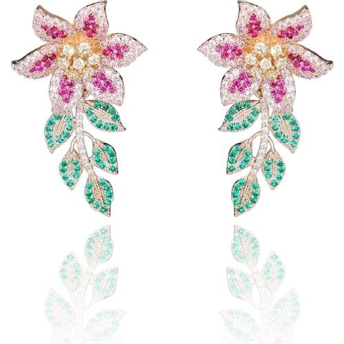 Multicolors Cubic Zircon Flower Earrings for Wedding, Crystals Leaves Earring for Party, Women Girl Gift CE11019