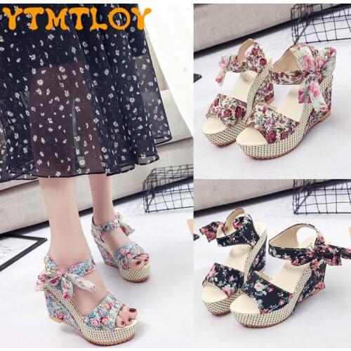 Floral Sandals Womens Summer Waterproof Taiwan Korean Version Of The Thin Bow Super High Heel Fish Mouth Shoes Wedges Platform