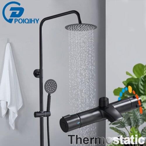 Black Thermostatic Bathroom Shower Faucet Set full brass Rainfall 8 inch Shower Head Chrome Shower Crane tub spout Mixer Taps
