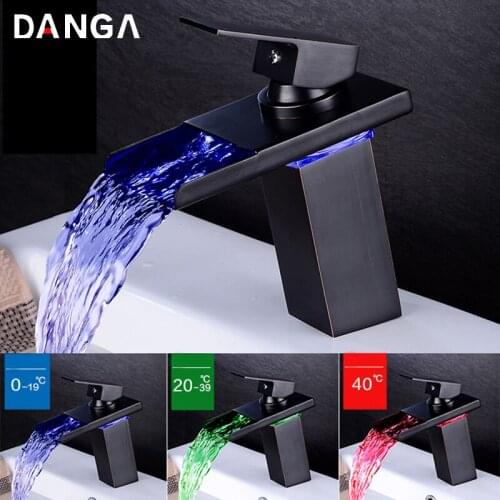 LED Basin Faucets Bathroom Sink Tap Brass Bathtub Mixer Waterfall Luminous Wash Water Faucet Temperature Control Chameleon Tap