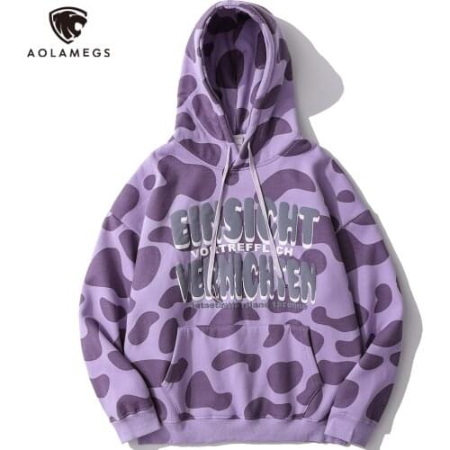 Aolamegs Hoodie Men Cow Color Block Letter Print Plus Velvet Pullover Autumn Baggy Hooded High Street Fashion Couple Streetwear