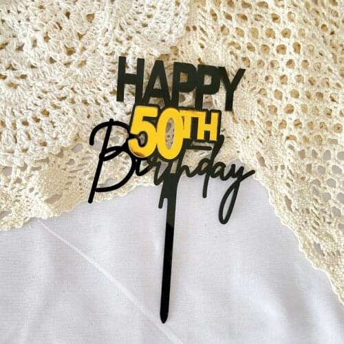 Happy 50th Birthday Cake Topper Acrylic Gold Black Double Layer Cupcake Topper for 50 Years Old Birthday Party Cake Decorations