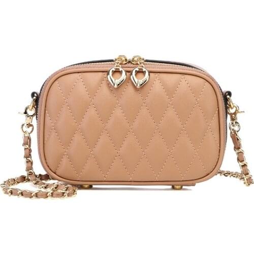 Sheep Skin Women Small Crossbody Bag Chain Plaid Camera Shoulder Bags