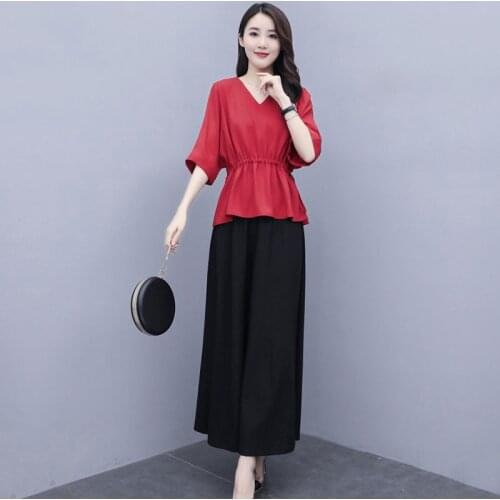 Women Casual Suits Summer New Batwing Half Sleeve Red Blouse Plus Size Solid Color Elastic Waist Black Wide Leg Pants Two-Piece