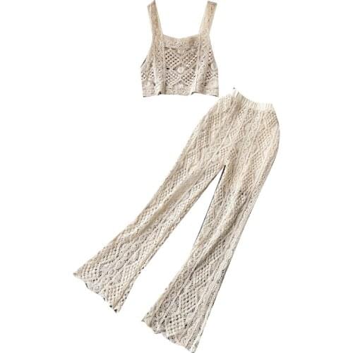 2021 summer new style short crop top + trousers two-piece fashion suit women hollow out design, two piece flared pants