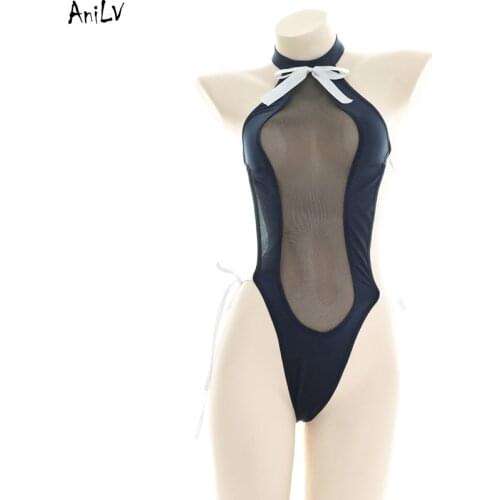 AniLV Women Chest Mesh Backless Halter one-piece Swimsuit Uniform Costume Summer Sukumizu Bodysuit Swimwear Pool Party Clothes