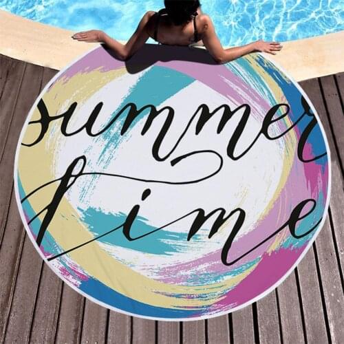 150cm Round Beach Towel for Adult Plant Letter Print Tassel Beach Towel Mat Carpet Quick Dry Swimming Shower Bath Towel Blanket
