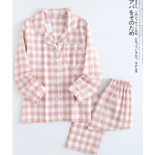 2 Pcs/Sets Spring Cotton Women Pajamas Set Pink Grid Sleepwear Long Sleeve Home Clothe For Women Loose Nightwear Homewear Suit