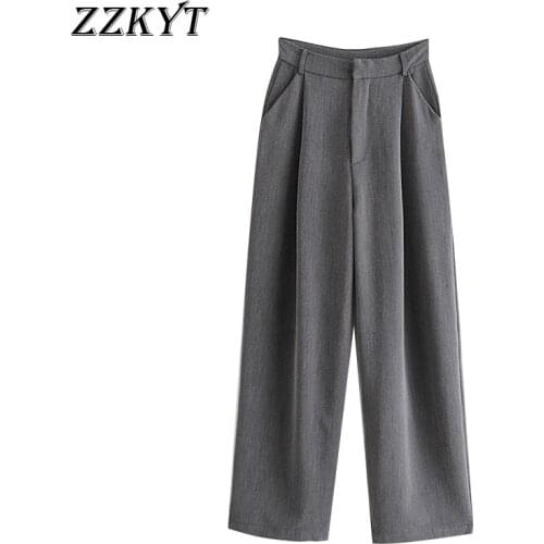2021 Women Spring Vintage Solid Pleated Pants Fashion Zipper Fly Side Pockets Office Wear Female Ankle Trousers Pantalones