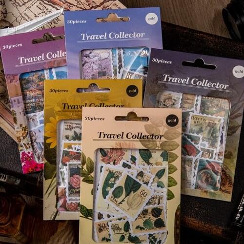 30Pcs Vintage Sailing Time Map Flower Stamp Golden Paper Sticker Package DIY Diary Journal Decoration Sticker Album Scrapbooking