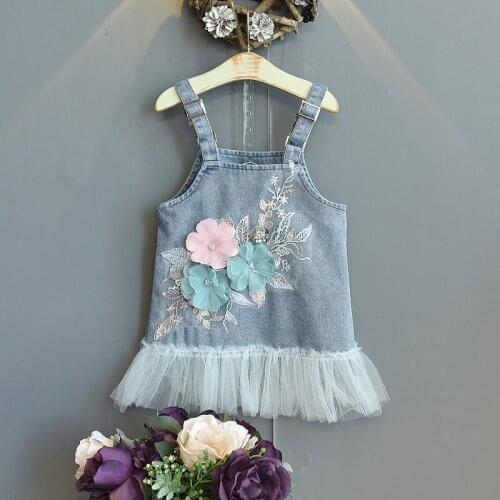 Girls denim strap dress 2021 new summer toddler baby girl Korean style fashion applique childrens cute beautiful flower dresses