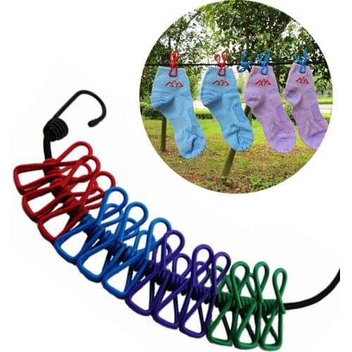 EDC GEAR Portable Travel Stretchy Clothesline Outdoor Camping Windproof Clothes Line with 12 Clamp Clip Hooks Travel Kit