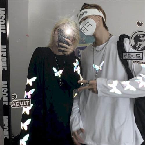 Tshirt Women T Shirt Reflective Butterfly Couple Long-sleeved T-shirt Korean Loose Bottoming Shirt Harajuku Summer Plus Size