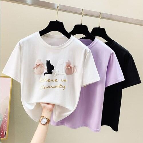Short Sleeve Tshirt Women Clothing Summer Tops Woman T-Shirt Printed Beading Tee Shirt White Black Kawaii Clothes Cotton 2021