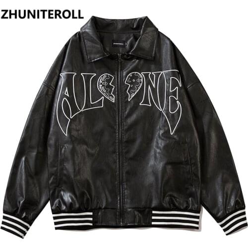 Harajuku Broken Heart PU Leather Jacket Men Letter Embroidery Bomber Fashion Baseball Coats Streetwear High Street Tops Clothing