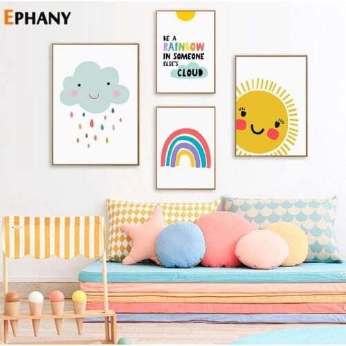 Cute Cartoon rain cloud Wall Art canvas Posters Nursery Print Nordic sun rainbow Painting Picture Children Kids Bedroom Decor