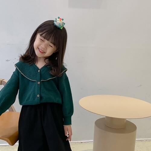 Cute Baby Girls Cardigan Sweater Tops Spring Autumn Ruffles Doll Collar Long Sleeve Knitted Sweater Children Clothes Kids Jacket