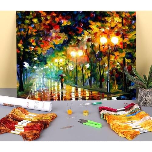 Fall Alley Printed Water-Soluble Canvas 11CT Cross Stitch Embroidery Set DMC Threads Knitting Handicraft Sewing Package