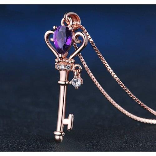 Natural Amethyst 925 Silver Mosaic Zircon Key Pendant Trendy Chain Necklace Fashion Charm Personality Jewelry Accessories