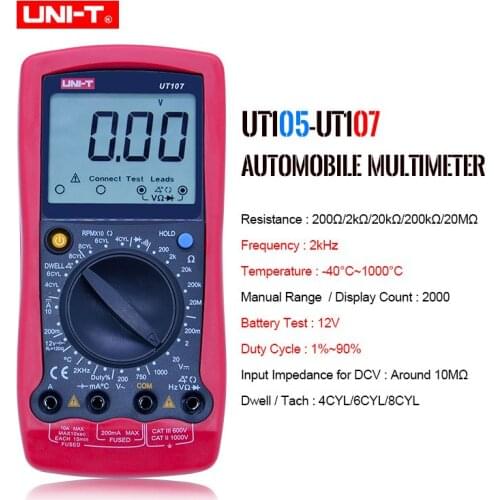 UNI-T UT105 UT107 LCD Automotive Handheld Multimeter AC/DC Voltmeter Tester Meters with DWELL,RPM,Battery Check