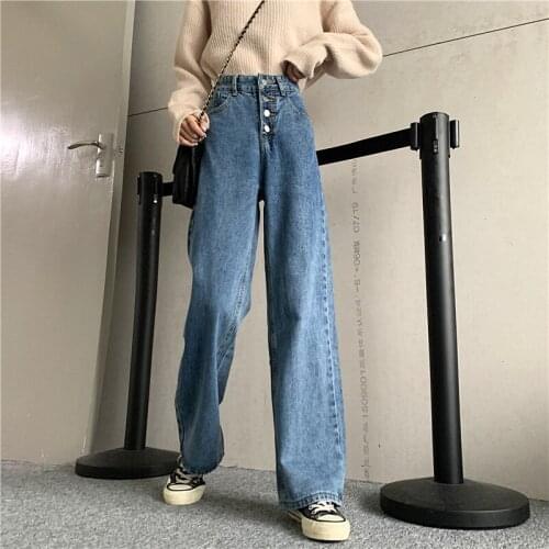 Harajuku Vintage Women Pants High Waist Jeans Autumn 2021 Fashion Buttons Denim Woman Wide Leg Pants Trousers Female Straight