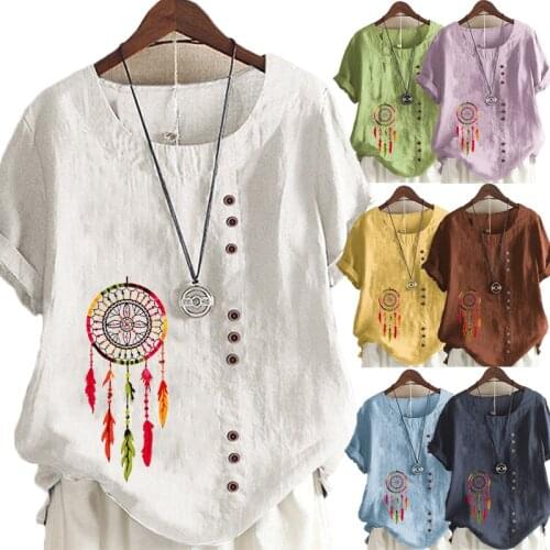 Womens Casual Dreamcatcher Printed Linen Tops Round Neck Short Sleeved Plus Size Button T-Shirt Loose Graphic Blouse