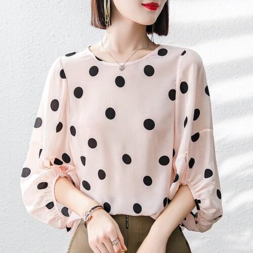 100% Natural Real Silk Women Shirt Summer Elegant O-neck Vintage Three Quarter Lantern Sleeve Loose Tops Lady Dot Print Blouse