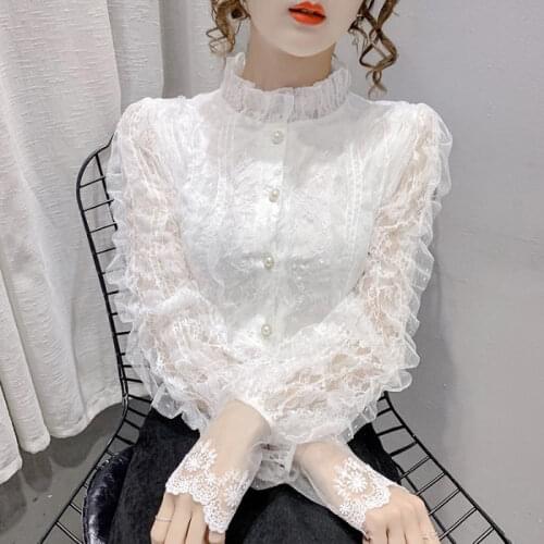 Women 2021 Spring New Fashion Stand Collar Thin Shirts Female Long Sleeves Lace Blouses Ladies Solid Color Casual Shirts W88