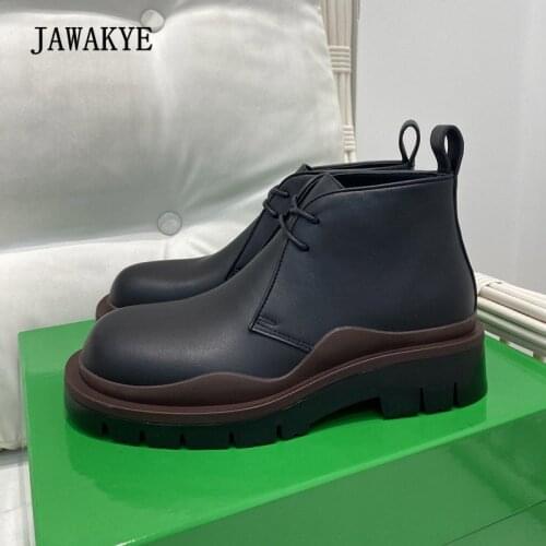 2021 New Lace Up Black Short Boots Women Shoes Real Leather Thick Sole Ankle Booties Colorful Platform Street Style Brogue Shoes