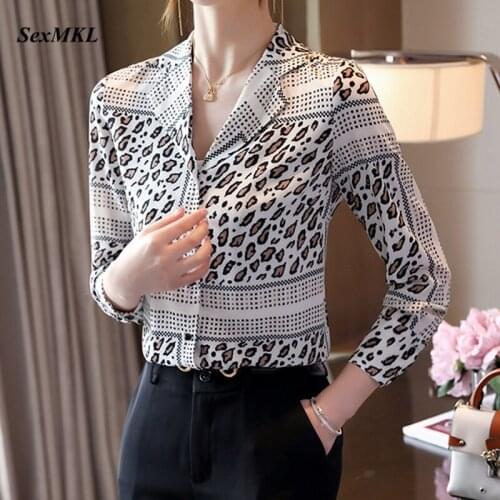 Women Vintage Leopard Office Blouses 2020 Fashion Long Sleeve Korean Chiffon Shirts Clothes Elgant V Neck Sexy Slim Printed Tops