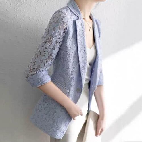 Plus Size 6XL Spring Summer Women Three Quarter Sleeve Thin Cardigan Sun Protection Clothing Slim Sexy Hollow Lace Blazer X232