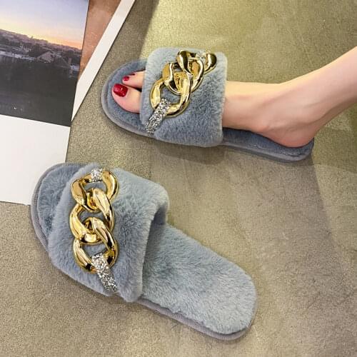 Winter New Fur Keep Warm Women Slippers Home Solid Color Rhinestone Chain Design Bedroom Faux Fur Soft Flat Women Slippers